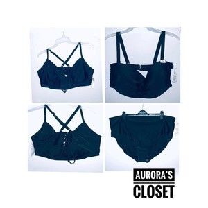 Time Tru 3X Black Bikini Top Bottom Full Coverage Bandeau 3 PC Set NWT $57